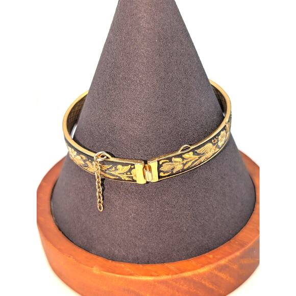 VTG Damascene Hinged Birds Flowers Broken Safety Chain Bangle Bracelet - Picture 5 of 6